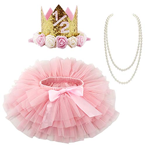 BGFKS Baby Girls Soft Tutu Skirt with Diaper Cover,1/2st Birthday Party Tutu Skirt Sets (Pink)
