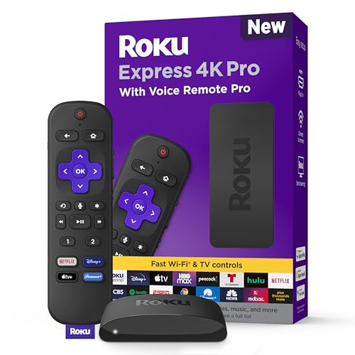 Roku Express 4K Pro with Voice Remote Pro - Roku Streaming Device 4K/HDR, Rechargeable Roku Remote, Hands-Free Controls, Lost Remote Finder, Free & Live TV - Amazon Exclusive