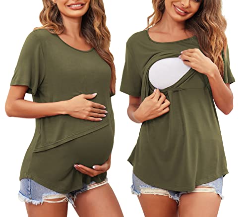 Ekouaer Nursing Shirts for Women Breastfeeding Friendly Maternity Clothes Nursing Tops Pregnancy Tee Army Green Medium