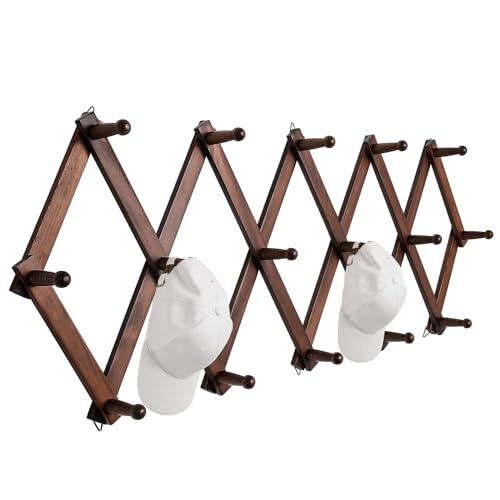 SCUNDA Hat Rack for Wall, Expandable Coat Rack with 16 Hooks, 16-inch Wooden Wall Rack for Coffe Mug, Bag, Hoodie, Hat, Baseball Caps,Cowboy Hat(Brown)