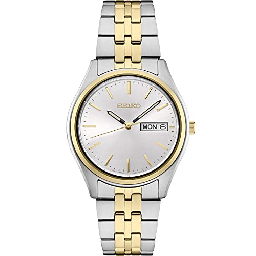 SEIKO SUR430 Watch for Men - Essentials - with White Sunray Dial, Day/Date Calendar, Two-Tone Stainless Steel Case/Bracelet, Gold Hands and Markers, and 100m Water-Resistant