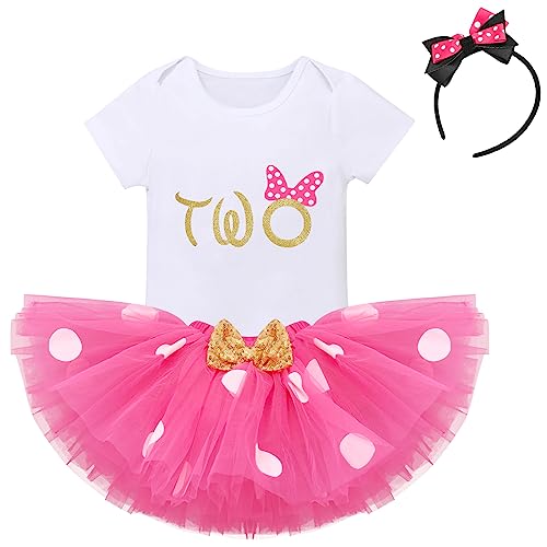 IBTOM CASTLE Cake Smash 1st/2nd Birthday Party Clothing for Newborn Toddler Polka Dots +Sequins Bow Skirt+3D Ear Princess Pageant Christening Baptism Holiday Tutus Hot Pink Two
