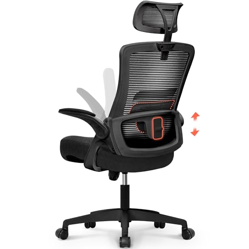 NEO CHAIR Office High Back Mesh Headrest Adjustable Height and Ergonomic Design Home Office Computer Desk Executive Lumbar Support Padded Flip-up Armrest Swivel Chair (Black)