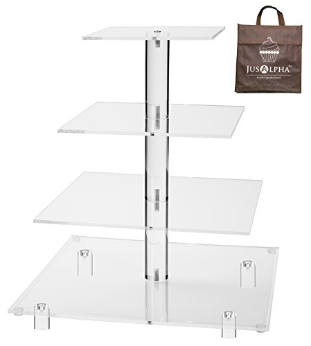 Jusalpha Large 4 Tier Square Acrylic Cupcake Tower Stand for Dessert, Pastry, Serving Platter-Candy Bar Party Décor and Supply(with Rod Feet) (4SF-V2)