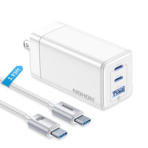 GaN 65W 3-Port USB-C Wall Charger: NOHON Fast Charger Block PD 3.0 Ultra-Slim USB C Power Adapter Foldable Plug with 140W Type-C Charging Cable Compatible with iPhone 11 12 13 14 15 MacBook (White)
