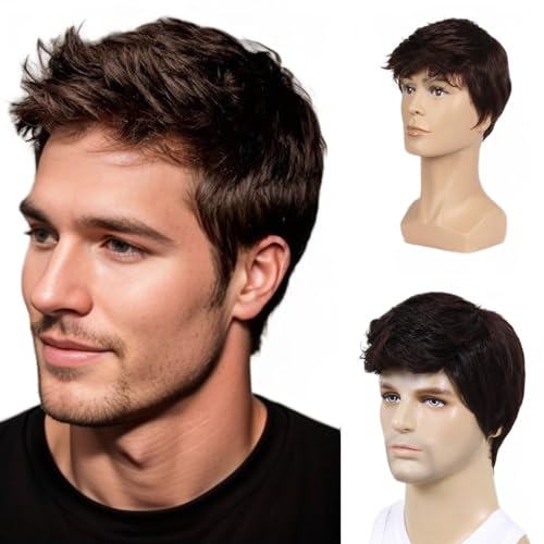 BEAUTY FLAG Men Short Brown Wig Handsome Male Daily Costume Synthetic Full Wigs Natural Brown Hair Replacement Wig