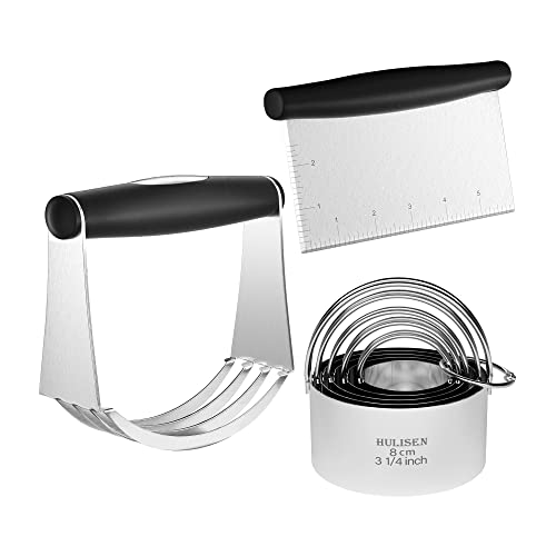 HULISEN Stainless Steel Pastry Scraper, Dough Blender & Biscuit Cutter Set (3 Pieces/ Set), Heavy Duty & Durable with Ergonomic Rubber Grip, Professional Baking Dough Tools, Gift Package