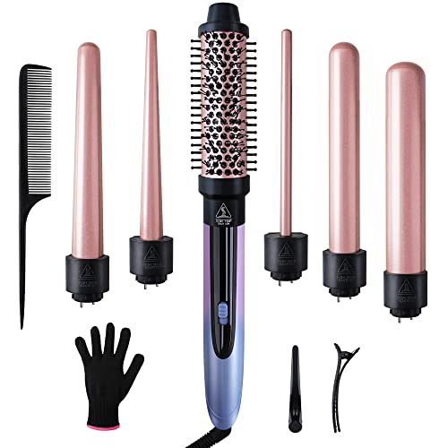 Homfu 6 in 1 Curling Iron Hair Curling Wand Set with Curling Brush and 5 Interchangeable Ceramic Curling Wand(0.35”-1.25”) Tourmaline Hair Curler Instant Heat Up Curling Iron for Long Hair Women