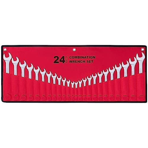 24-Piece All-Purpose Master Combination Wrench Set with Roll-up Pouch | SAE 1/4” to 1”, Metric 8mm to 24mm | Perfect for General Household, Garage, Auto Repairs, Car, Truck, Boat, and Travel Emergency