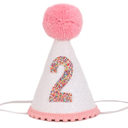 LINLULU Birthday Hat for Girls - Glitter Birthday Hat with Pink Pom Topper, Birthday Decoration for Girls (2nd Birthday hat)