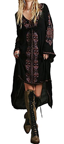 R.Vivimos Womens Cotton Embroidered High Low Long Dresses Medium Black