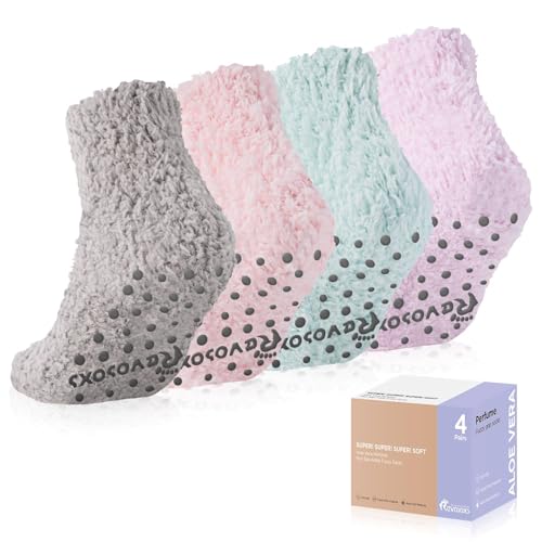 Revosoxs Hospital Grip Socks for Women,Non Slip Ankle Fuzzy Socks with Aloe Vera Perfume,Thick Warm Slipper Cozy Fluffy Socks with Grips Christmas Day