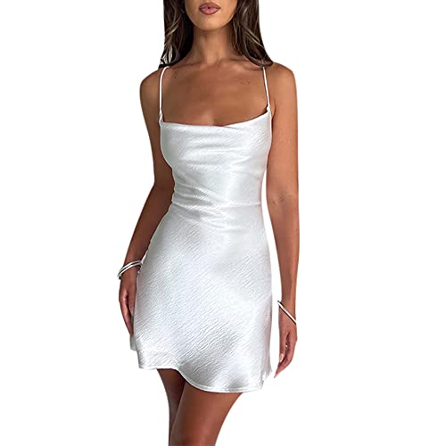 Summer Dress for Women Satin Mini Dress Low Cut A-line Sexy Bodycon Dress Wrap Dress Night Club Dress White