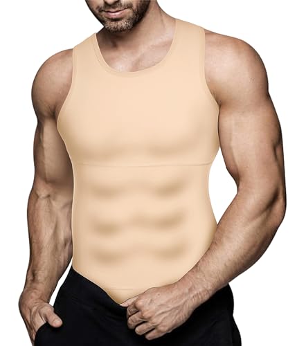 Eleady Mens Slimming Body Shaper Vest Compression Shirt Abs Abdomen Shapewear Workout Tank Top Undershirt (Large, Beige Tops)