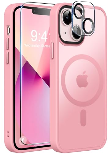 MOCCA Strong Magnetic for iPhone 13 Case, [Compatible with Magsafe][Screen Protector+Camera Lens Protector] Translucent Matte Back Slim Shockproof Case for iPhone 13 Phone Case 6.1', Pink