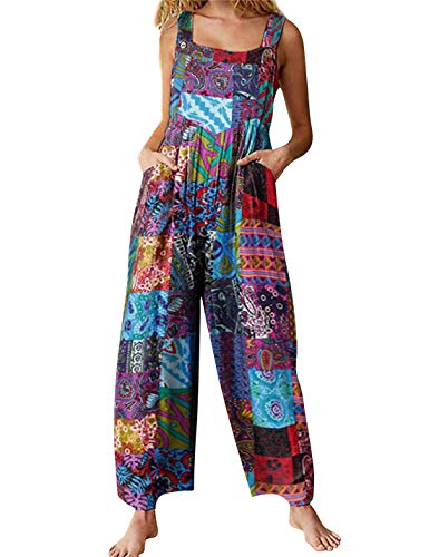 Himosyber Women's Patchwork Dual Pocket Jumpsuit Loose Floral Print Bohemian Wide Leg Bib Overall (#1Blue, L)