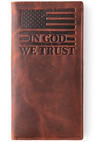 MID WEST RANGE ‘The Patriot’ American Flag Rodeo Wallet. Top Grain Distressed Leather ‘IN GOD WE TRUST’. Gift Rodeo Wallet for the True Patriot - Father, Husband, Boyfriend or Son (Vintage Brown)