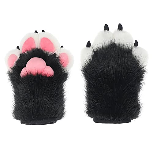 BNLIDES Cosplay Fursuit Paw Gloves Furry Claw Gloves Built-in Whistle Decompression Toys Costume Party Accessories for Adult (Black-White)