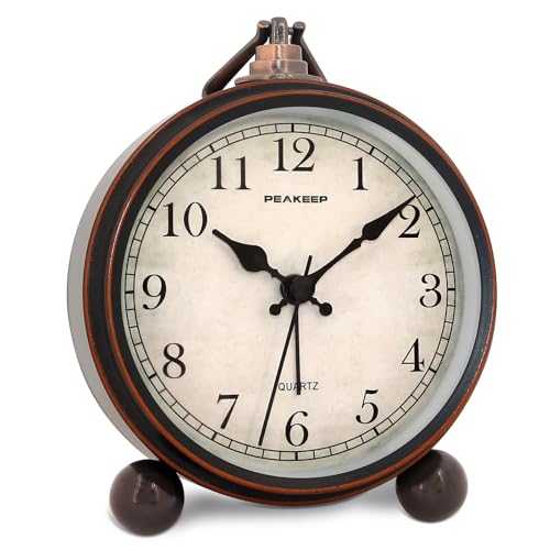 Peakeep 4' Battery Operated Antique Retro Analog Alarm Clock, Small Silent Bedside Desk Gift Clock