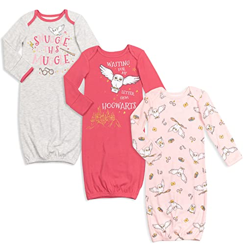 Harry Potter Hedwig Owl Newborn Baby Girls 3 Pack Sleeper Gown Red/Pink/Heather Grey 0-6 Months