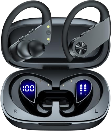 PocBuds Wireless Earbuds Bluetooth Headphones 110Hrs Playback Sports Ear Buds with 2200mAh Charging Case & Dual Power Display Over-Ear Stereo Bass Earphones with Earhooks for Running Workout Black