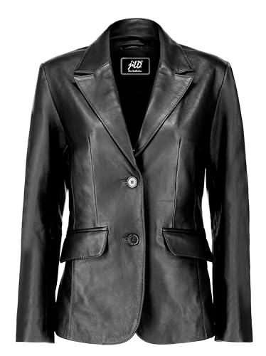 Jild Classic 2-Button Lambskin Leather Blazer Women - Casual Coat Long Sleeves Suit Style Leather Jacket Women (LC-BLK-M)