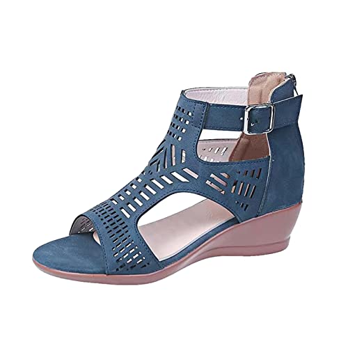 JEUROT Wedge Sandals for Women Peep Toe Cutout Casual Summer Sandals Dressy Buckle Back Zipper Low Heels Platform Shoes (Blue, 7)