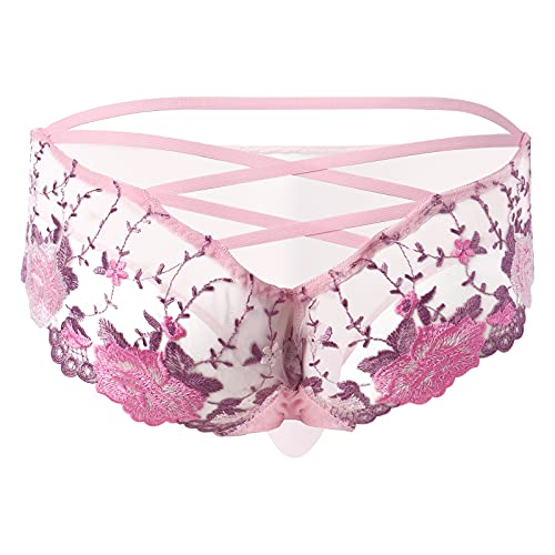 ABAFIP Mens Sissy Panties Floral Lace Embroidery Cross Back Low Waist Mesh Sheer Bikini Briefs Underwear Crossdressing Lingerie Underpants Pink One Size