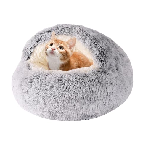 Calming Dog Beds & Cat Cave Bed with Hooded Cover,Removable Washable Round Beds for Small Medium Pets,Anti-Slip Faux Fur Fluffy Coved Bed,Comfortable Warming Pet Bed (20 * 20inch, Grey)