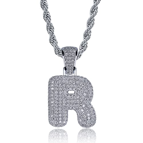 HECHUANG Initial Necklaces 18K Plated Silver Custom Name Necklace Personalized Diamond Bubble Letter Chain for Men Women (R Silver, 24)