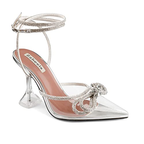 Zzheels Women Bowknot Clear Heels Crystal Slingback Sandals Lace-up Shoes for Party Dating Silver US8.5