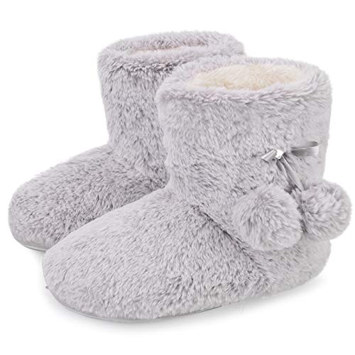 DL Women's Cute Bootie Slippers Fluffy Plush Fleece Memory Foam House Shoes Winter Booty Slippers, Grey, 9