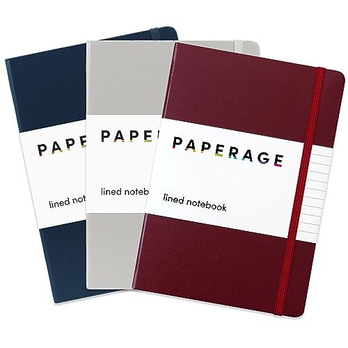 PAPERAGE Lined Journal Notebooks, 3 Pack, (Burgundy, Light Grey, Navy), 160 Pages, Medium 5.7 inches x 8 inches - 100 GSM Thick Paper, Hardcover
