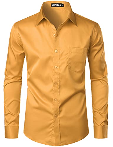 ZEROYAA Men's Urban Stylish Casual Business Slim Fit Long Sleeve Button Up Dress Shirt with Pocket ZLCL29 Golden Medium