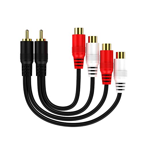 RCA 1 Male to 2 Female Audio Speaker Y Adapter Splitter Cable with OFC Conductor Dual Shielding Gold Plated Metal Shell Flexible PVC Jacket - 2 Pack / 0.6FT