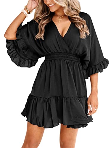 Aoysky Womens V Neck Casual Dresses Summer Loose High Waist Ruffle Pleated Cute Mini Short Dress Black