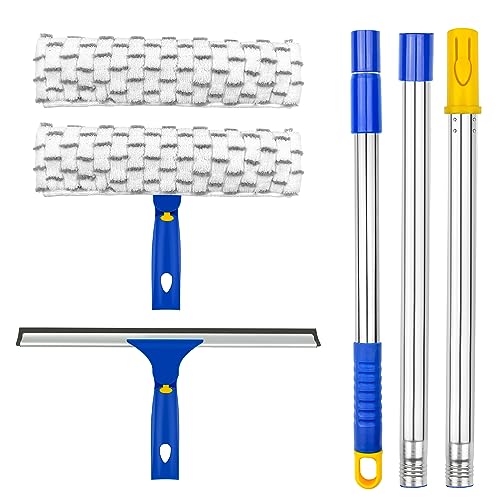 ITTAHO Squeegee for Window Cleaning,12'Squeegee and 11'Microfiber Scrubber Combi with Stainless Steel Pole,Extendable Window Cleaner for Car,Sliding Door,Shower Glass Door-Swivel Style-2 Pads