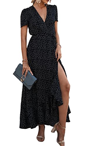 PRETTYGARDEN Women's Summer Wrap Maxi Dress Casual Boho Floral V Neck Short Sleeve Ruffle Hem Split Beach Long Dresses (Black Polka Dot,Large)