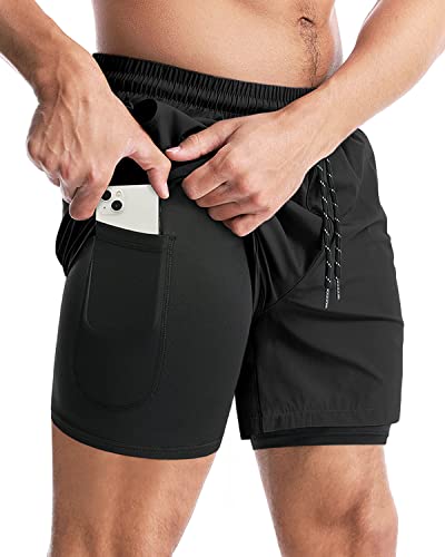 Aolesy Men’s 2 in 1 Running Shorts 5 Inch Workout Gym Athletic Shorts for Men Quick Dry Lightweight Training Shorts with Pockets Black