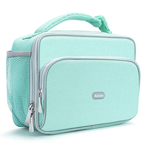 Amersun Kids Lunch Box, Insulated School Lunch Bag with Padded Liner Keep Food Warm Cold for Long Time,Water-resistant Thermal Travel Office Lunch Cooler for Girls Boy-2 Pocket,Light Blue