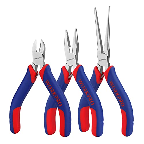 WORKPRO Mini Pliers Set, 3-Piece Small Pliers Tool Kit Includes 4” Diagonal Plier, 5” Long Nose Plier, 6” Needle Nose Plier, for Making Crafts, Repairing Electronic Devices