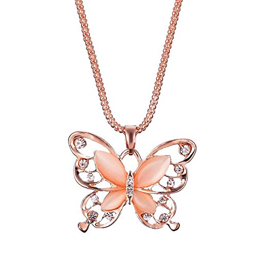 Valentine's Day Gift, Women Necklace, 1PC Fashion Womens Lady Rose Gold Opal Butterfly Pendant Necklace Sweater Chain Hot Jewelry Gift (Rose Gold)