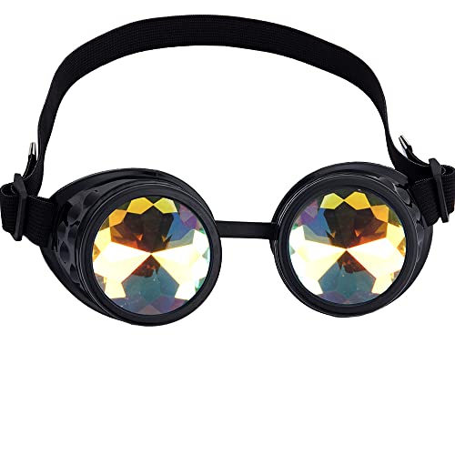 OMGREAT Raves Goggles with Rainbow Crystal Glass Lens Kaleidoscope Glasses Funky Prism Steampunk Glasses for Cosplay Party