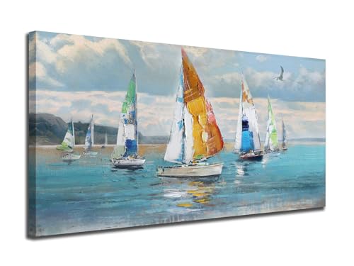 Ardemy Blue Abstract Wall Art Ocean Sailboat Picture Modern Coastal Painting, Large Canvas Handmade Textured Framed Artwork for Living Room Bedroom Kitchen Home Office Wall Decor 40'x20'