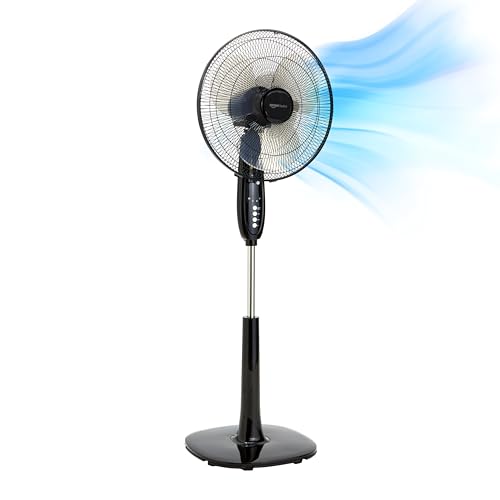 Amazon Basics 16-Inch Pedestal Floor Fan with Oscillating Blades, Remote Control, Timer, Tilted Head, and 3 Speed Settings - Sleek Black Design