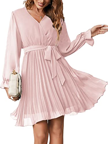 Maroway Women Wedding Guest Dress Elegant Long Sleeve Mini Dress for Fall Peach Medium