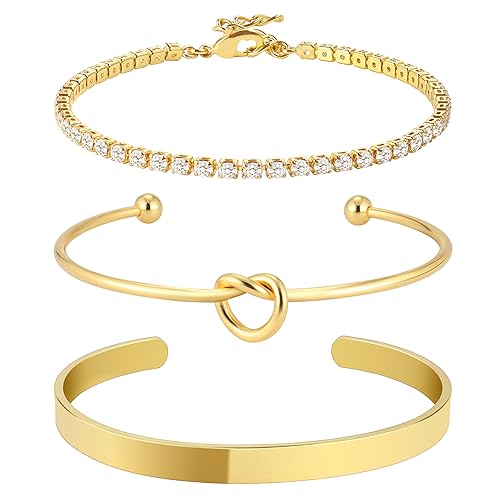 Zalcon Gold Bangle Bracelets Stack for Women Non Tarnish Dainty 14K Gold Plated Tennis Bracelet Set Jewelry for Women Trendy