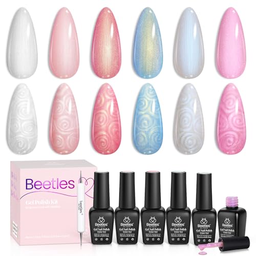 Beetles Pearl Gel Nail Polish 6 Colors Shimmer Glitter White Pink Blue Nail Polish Mermaid Gel Soak Off Uv Led Spring Summer Easter Gel Polish Swirl Thread Effect DIY Manicure Art