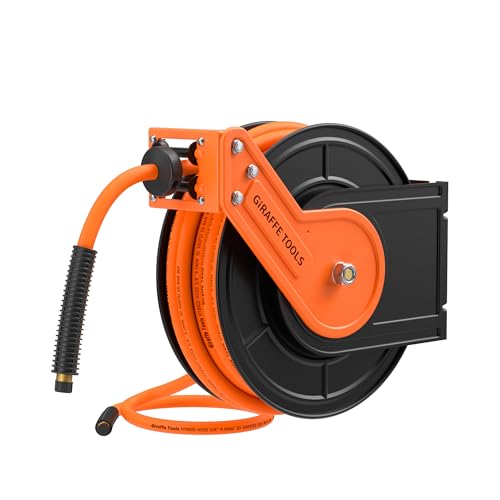 Giraffe Tools TA15B Retractable Air Hose Reel Wall Mount 3/8' x 50 ft Hybrid Hose, Air Compressor Heavy Duty Steel Reel Auto Rewind 300PSI, 50ft, Tangelo