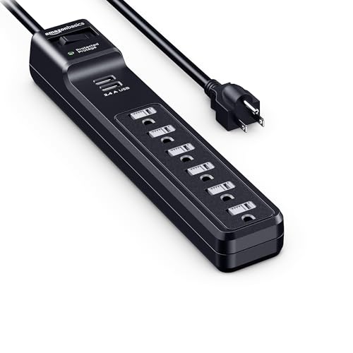 Amazon Basics Rectangular 6-Outlet Surge Protector Power Strip with 2 USB Ports - 1000 Joule, Black, 6 ft